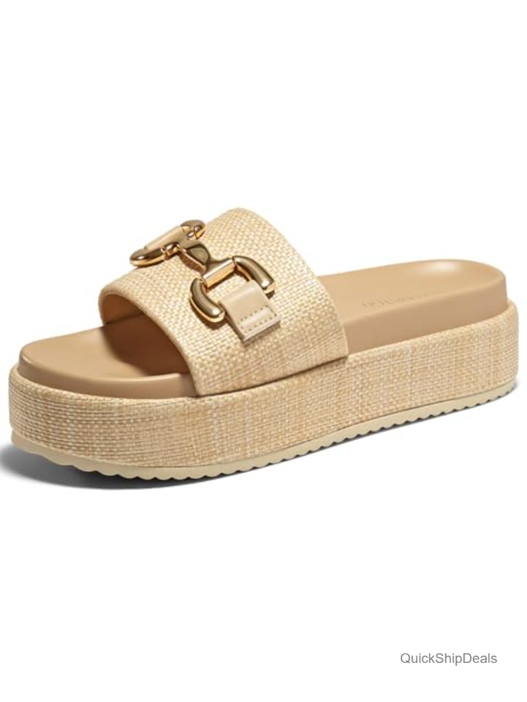 Raffia Platform Sandals With Metal Chain - Espadrilles Slip On Beach Slide